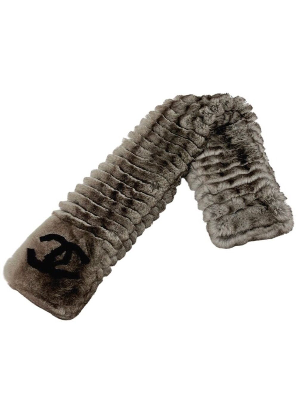 Chanel CC Logo Shawl Scarf Rabbit Fur Ori Rug Cashmere Brown White